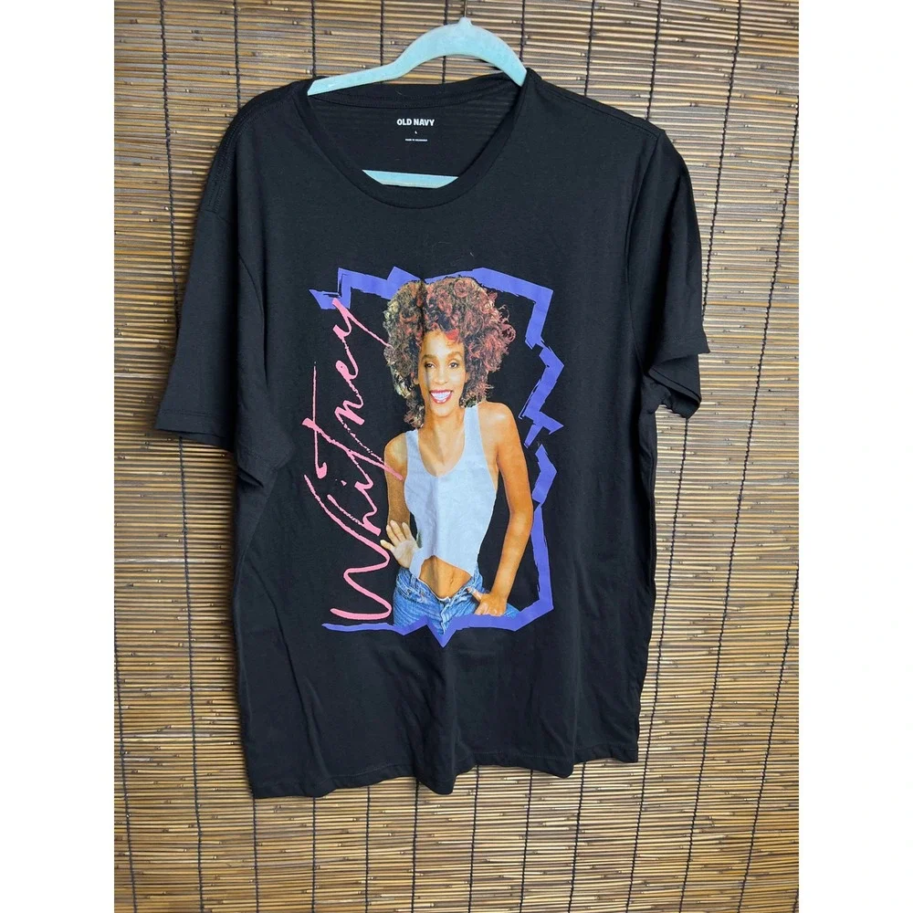 Old Navy Whitney Houston Graphic T-Shirt Womens Large Black Cotton Short Sleeve